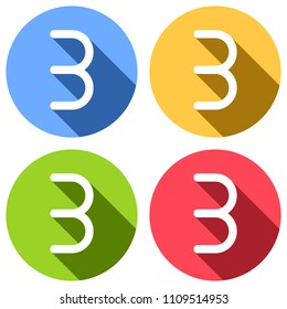 Number three, numeral, simple letter. Set of white icons with long shadow on blue, orange, green and red colored circles. Sticker style