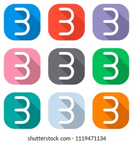 Number three, numeral, simple letter. Set of white icons on colored squares for applications. Seamless and pattern for poster