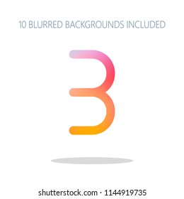 Number three, numeral, simple letter. Colorful logo concept with simple shadow on white. 10 different blurred backgrounds included