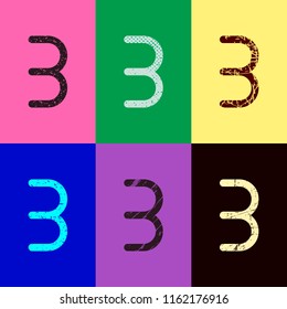 Number three, numeral, simple letter. Pop art style. Scratched icons on 6 colour backgrounds.