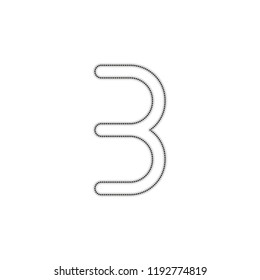 Number three, numeral, simple letter. Dotted outline silhouette with shadow on white background