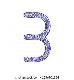 Number three, numeral, simple letter. Hand drawn sketched picture with scribble fill. Blue ink. Doodle on white background