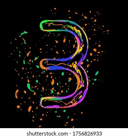 Number three, numeral, simple letter. Colored ink with splashes on black background