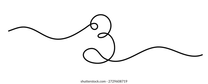 Number three one line art, hand drawn 3 third sign continuous drawing contour, numeric mathematical outline minimalist numeral digit symbol outline. Editable stroke. Isolated. Vector illustration
