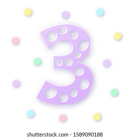 Number Three in paper cut style on white background. Typographic design. Bold violet number