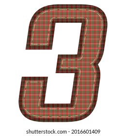 Number Three With Plaid Pattern Vector Illustration. Colorful Textile Number 3 Isolated On A White Background
