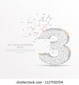 Number three point, abstract mash line and composition digitally drawn in the form of broken a part triangle shape and scattered dots low poly wire frame on white background.