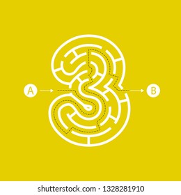 El número tres forma Maze Labyrinth, laberinto con una forma de entrada y una forma de salida. Diseño plano, ilustración vectorial.