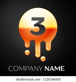 Number Three splash logo. Golden dots and silver bubbles letter design on black background. Vector Illustration