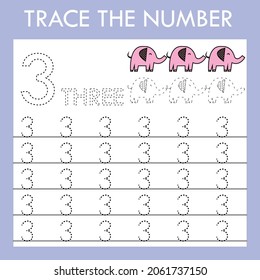Number three  stroke worksheet with animals elephants for fine motor skills kids. Educational game for preschoolers.