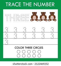 Number three  stroke worksheet with bears  for fine motor skills kids. Educational game for preschoolers.