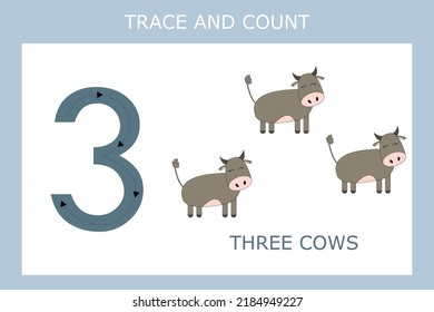 Number three stroke worksheet with cows  for fine motor skills kids. Educational game for preschoolers.