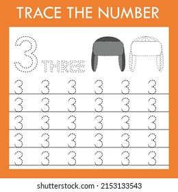 Number  three stroke worksheet with hat  for fine motor skills kids. Educational game for preschoolers.