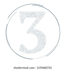 The number three symbol filled with dark blue dots. Pointillism style. Vector illustration on white background