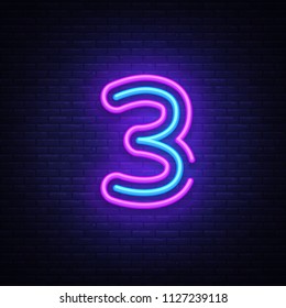 Number three symbol neon sign vector. Third, Number three template neon icon, light banner, neon signboard, nightly bright advertising, light inscription. Vector illustration