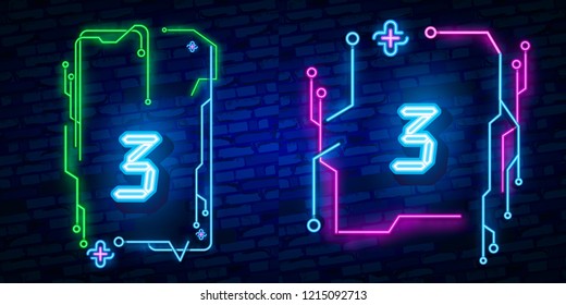 Number three symbol neon sign vector. Third, Number three template neon icon, light banner, neon signboard, nightly bright advertising, Cyber figure. Binary code