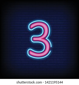 Number Three symbol neon sign with a Brick Wall Background template neon icon  light banner  neon signboard  nightly bright advertising  light inscription. vector illustration