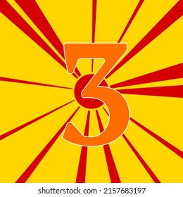 Number three symbol on a background of red flash explosion radial lines. The large orange symbol is located in the center of the sun, symbolizing the sunrise. Vector illustration on yellow background