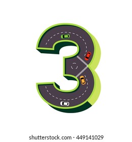 The number three in theme green road with four cars are driving.