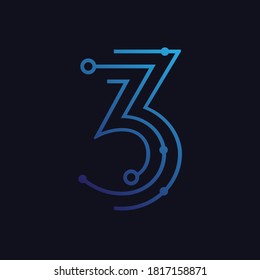 Number three / third / 3 vector font alphabet, technological flat design for your unique elements design ; logo, corporate identity, application, creative poster & more 