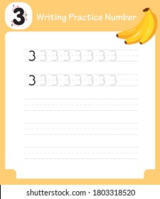 Number three tracing practice worksheet with 3 bananas for kids learning. Printable worksheet for preschool