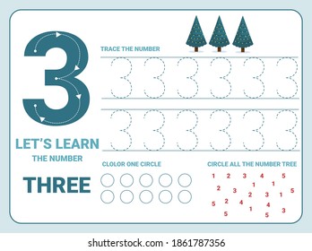 Number three tracing practice worksheet with 3 christmas trees for kids learning to count and to write. Worksheet for learning numbers. Number 3. Training write and count numbers. Coloring exercises