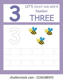 Number three tracing practice worksheet with 3 bees for kids learning to count and to write. Vector Illustration , Trace the number