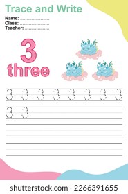 Number three tracing practice worksheet with three baby dragons sleeping on the cloud for kids learning to count and to write. Vector Illustration. Exercise for children to recognize the number.