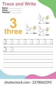 Number three tracing practice worksheet with 3 rabbits happy finding the Easter eggs. Page for kids learning to count and to write. Vector Illustration. Exercise for children to recognize the number.