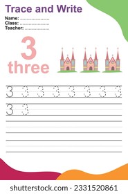 Number three tracing practice worksheet with three kingdom castle for kids learning to count and to write. Vector Illustration. Exercise for children to recognize the number.