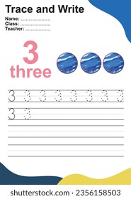 Número tres hoja de trabajo de práctica de seguimiento con tres planetas Neptune. Página para niños aprendiendo a contar y a escribir. Ilustración vectorial. Ejercicio para que los niños reconozcan el número.