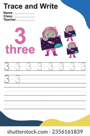 Number three tracing practice worksheet with three little astronaut girl holding the exploration space banner. Page for kids learning to count and to write. Vector Illustration. 