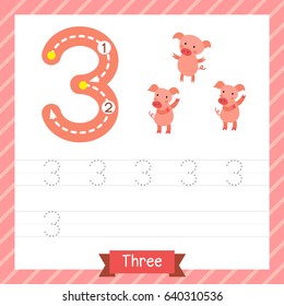 Number three tracing practice worksheet with 3 pigs for kids learning to count and to write. Vector Illustration.