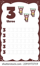 Number three. Track and write. Handwriting practice. Learning numbers for children. Educational Development Worksheet. Activity page. Game for kids and preschoolers. cards for children with numbers