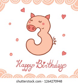 Number Three With Vector Cartoon Pig Character. Beautiful element for Kids Birthday Party invitation, greeting card, cake topper and t-shirt design.