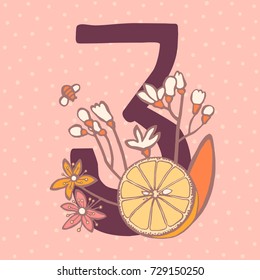 Number Three. Vector hand drawn floral monogram decorated with fruits and flowers. Perfect for posters, invitation, greeting card, webs graphics, blog, banner, logo