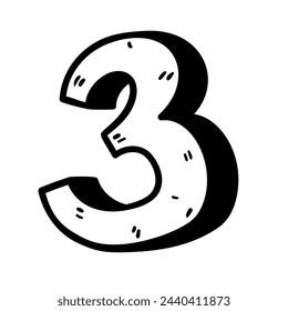 Number three vector icon in doodle style. Symbol in simple design. Cartoon Figure of 3 hand drawn isolated on white background.