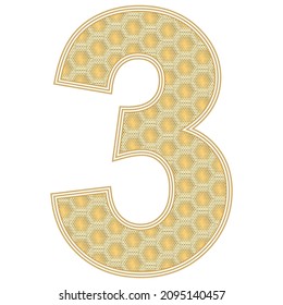 Number Three Vector Illustration. Number 3 With Random Size Hexagonal Honeycomb Pattern Isolated On A White Background
