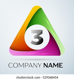 Number three vector logo symbol in the colorful triangle on grey background. Vector template for your design