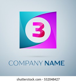 Number three vector logo symbol in the colorful square on grey background. Vector template for your design