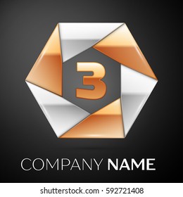 Number three vector logo symbol in the colorful hexagon on black background. Vector template for your design