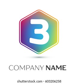 Number three vector logo symbol in the colorful hexagonal on grey background. Vector template for your design