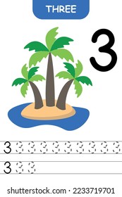 Nummer drei, Schreibunterricht für Kinder, Zählerlernen, Kindervorschulaktivität, Lernspiel, druckbares Arbeitsblatt, Handschriftenpraxis, Vektorgrafik