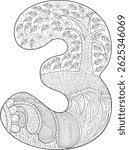 Number Three with Zentangle Style Floral and Abstract Patterns, Black and white outline illustration of the number three filled with intricate zentangle-style patterns, including leaves, flowers,