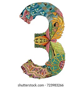 Number three Zentangle. Vector decorative object