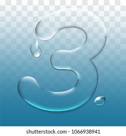 number three.vector letter 3 realistic water droplets on blue transparent background.vector.illustration