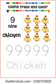 number trace and color chicken number 9