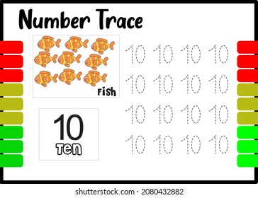 number trace and color fish. tracing number for kids.