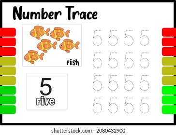 Number Trace And Color Fish. Tracing Number For Kids.