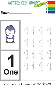 number trace and color penguin. cute animal. cartoon animal.